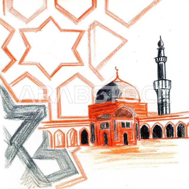 رسومات توضيحية ثلاثية الأبعاد لمسجد إسلامي، الفن الهندسي المعماري للقبب والمآذن على الطراز الحديث، نداء المسلمين لآداء الفرائض والصلوات، العبادة والتقرب إلى الله تعالى، خلفيه بيضاء