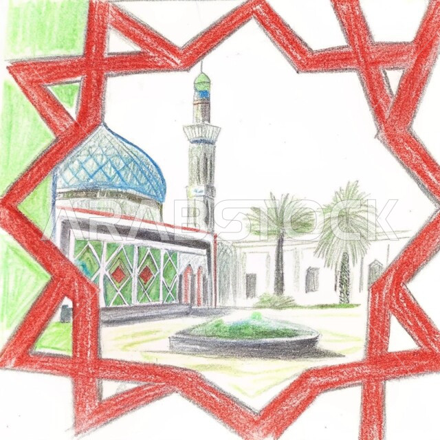 رسومات توضيحية ثلاثية الأبعاد لمسجد إسلامي، الفن الهندسي المعماري للقبب والمآذن على الطراز الحديث، نداء المسلمين لآداء الفرائض والصلوات، العبادة والتقرب إلى الله تعالى، خلفيه بيضاء