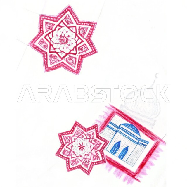 رسومات توضيحية ثلاثية الأبعاد لمسجد إسلامي، الفن الهندسي المعماري للقبب والمآذن على الطراز الحديث، نداء المسلمين لآداء الفرائض والصلوات، العبادة والتقرب إلى الله تعالى، خلفيه بيضاء