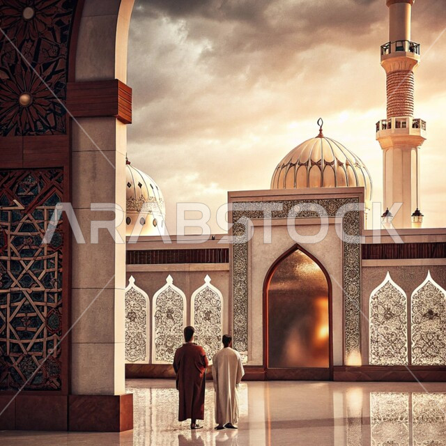 Worship and getting closer to God in the holy month of Ramadan, Islamic architectural art, elegant exterior designs and decorations of mosques in the Kingdom of Saudi Arabia, engravings and decorations on the exterior walls, spiritual Ramadan atmosphere