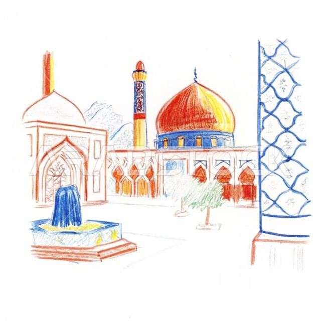 نداء المسلمين لآداء الفرائض والصلوات، الفن الهندسي المعماري للقبب والمآذن على الطراز الحديث، رسومات توضيحية ثلاثية الأبعاد لمسجد إسلامي، العبادة والتقرب إلى الله تعالى ، خلفية بيضاء