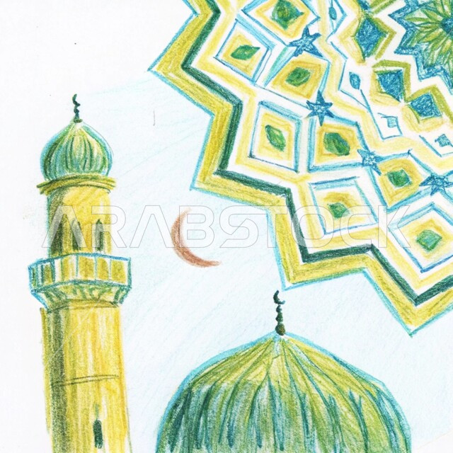 نداء المسلمين لآداء الفرائض والصلوات، الفن الهندسي المعماري للقبب والمآذن على الطراز الحديث، رسومات توضيحية ثلاثية الأبعاد لمسجد إسلامي، العبادة والتقرب إلى الله تعالى ، خلفية بيضاء