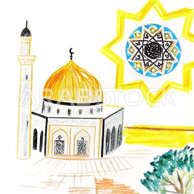 رسومات توضيحية ثلاثية الأبعاد لمسجد إسلامي، نداء المسلمين لآداء الفرائض والصلوات، الفن الهندسي المعماري للقبب والمآذن على الطراز الحديث، العبادة والتقرب إلى الله تعالى ، خلفية بيضاء