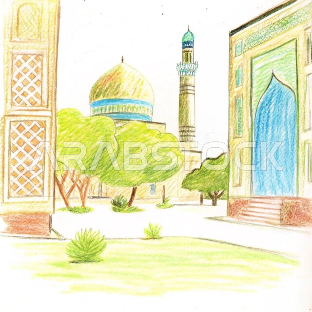 رسومات توضيحية ثلاثية الأبعاد لمسجد إسلامي، نداء المسلمين لآداء الفرائض والصلوات، الفن الهندسي المعماري للقبب والمآذن على الطراز الحديث، العبادة والتقرب إلى الله تعالى ، خلفية بيضاء