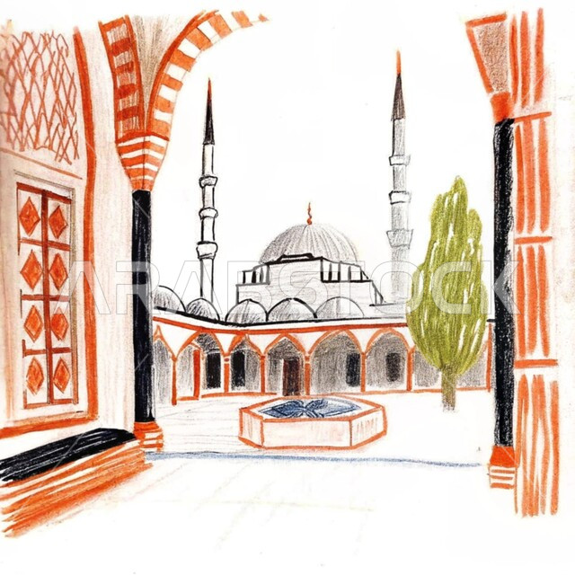 رسومات توضيحية ثلاثية الأبعاد لمسجد إسلامي، الفن الهندسي المعماري للقبب والمآذن على الطراز الحديث، نداء المسلمين لآداء الفرائض والصلوات، العبادة والتقرب إلى الله تعالى، خلفيه بيضاء