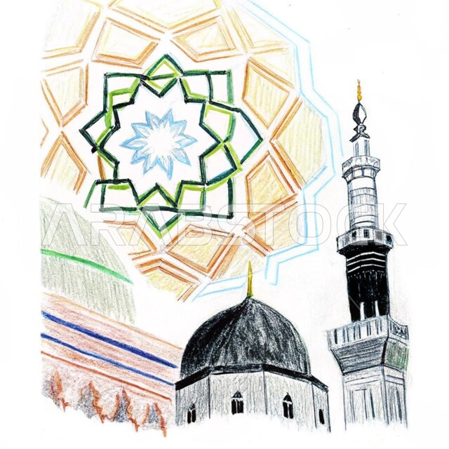 3D illustration of Islamic mosque, modern architectural art of domes and minarets, call of Muslims to perform religious duties and prayers, worship and get closer to Allah, white background