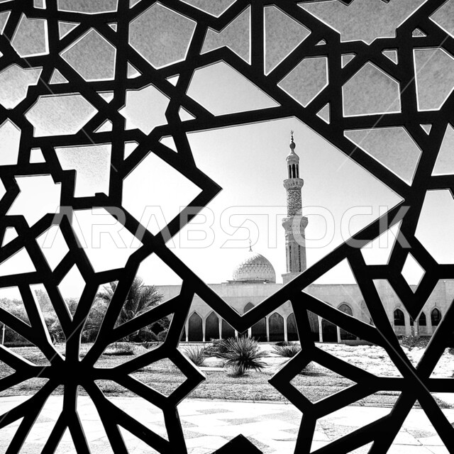 Engravings and decorations on the external walls, elegant external decorations and designs of mosques in the Kingdom of Saudi Arabia, Islamic architectural art, spiritual Ramadan atmosphere, worship and drawing closer to God in the holy month of Ramadan