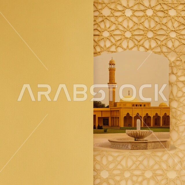 Engravings and decorations on the external walls, elegant external decorations and designs of mosques in the Kingdom of Saudi Arabia, Islamic architectural art, spiritual Ramadan atmosphere, worship and drawing closer to God in the holy month of Ramadan