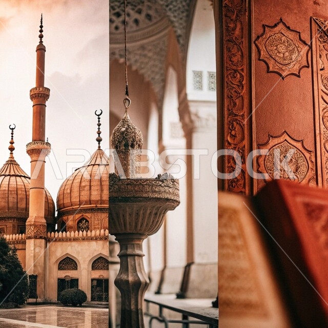 Engravings and decorations on the external walls, elegant external decorations and designs of mosques in the Kingdom of Saudi Arabia, Islamic architectural art, spiritual Ramadan atmosphere, worship and drawing closer to God in the holy month of Ramadan