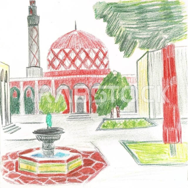 الفن الهندسي المعماري للقبب والمآذن على الطراز الحديث، رسومات توضيحية ثلاثية الأبعاد لمسجد إسلامي، نداء المسلمين لآداء الفرائض والصلوات، العبادة والتقرب إلى الله تعالى ، خلفية بيضاء