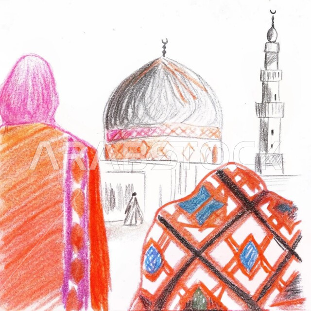 الفن الهندسي المعماري للقبب والمآذن على الطراز الحديث، رسومات توضيحية ثلاثية الأبعاد لامراة عربية خليجية سعودية محجبة تنظر إلى مسجد إسلامي، نداء المسلمين لآداء الفرائض والصلوات، العبادة والتقرب إلى الله تعالى ، خلفية بيضاء