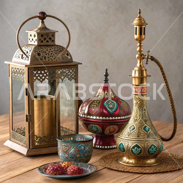 فانوس معدني مزخرف وشيشة عربية, أصالة وعراقة العادات والتقاليد في المملكة العربية السعودية,  الحرف والصناعات اليدوية التراثية, المصنوعات والمعدات النحاسية, منتجات محلية وطنية, الأدوات الشعبية التقليدية المصنوعة من النحاس