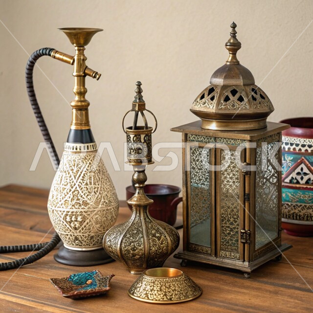 المصنوعات والمعدات النحاسية, منتجات محلية وطنية, الأدوات الشعبية التقليدية المصنوعة من النحاس, فانوس معدني مزخرف وشيشة عربية, أصالة وعراقة العادات والتقاليد في المملكة العربية السعودية,  الحرف والصناعات اليدوية التراثية