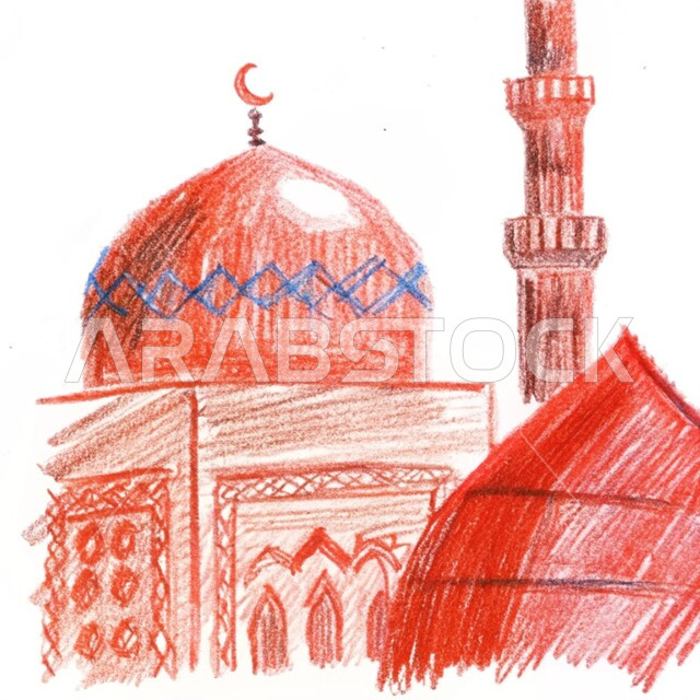 رسومات توضيحية ثلاثية الأبعاد لمسجد إسلامي، الفن الهندسي المعماري للقبب والمآذن على الطراز الحديث، نداء المسلمين لآداء الفرائض والصلوات، العبادة والتقرب إلى الله تعالى، خلفيه بيضاء