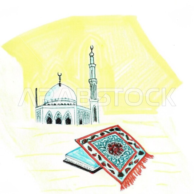 نداء المسلمين لآداء الفرائض والصلوات، الفن الهندسي المعماري للقبب والمآذن على الطراز الحديث، رسومات توضيحية ثلاثية الأبعاد لمسجد إسلامي، العبادة والتقرب إلى الله تعالى ، خلفية بيضاء