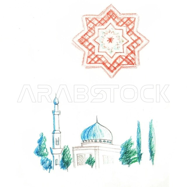 نداء المسلمين لآداء الفرائض والصلوات، الفن الهندسي المعماري للقبب والمآذن على الطراز الحديث، رسومات توضيحية ثلاثية الأبعاد لمسجد إسلامي، العبادة والتقرب إلى الله تعالى ، خلفية بيضاء