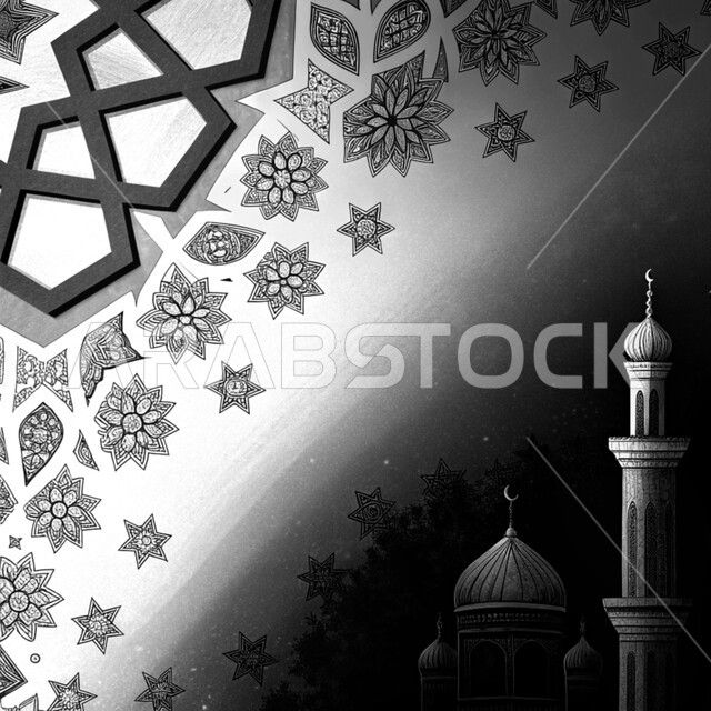 Engravings and decorations on the external walls, elegant external decorations and designs of mosques in the Kingdom of Saudi Arabia, Islamic architectural art, spiritual Ramadan atmosphere, worship and drawing closer to God in the holy month of Ramadan