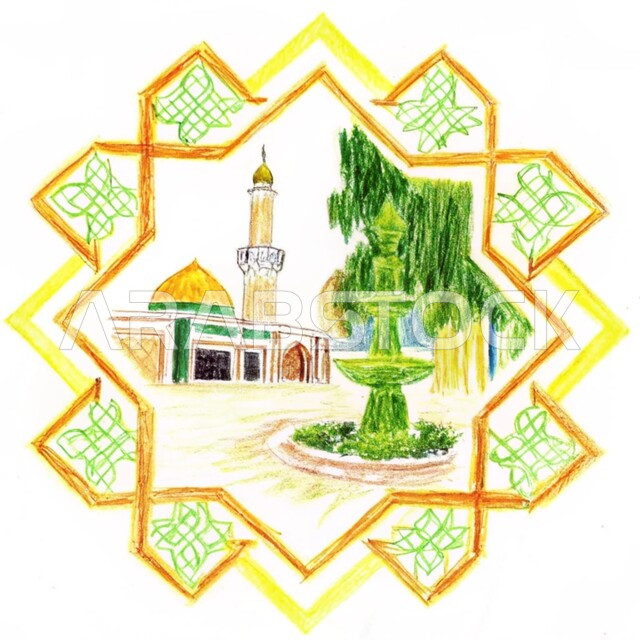 رسومات توضيحية ثلاثية الأبعاد لمسجد إسلامي، الفن الهندسي المعماري للقبب والمآذن على الطراز الحديث، نداء المسلمين لآداء الفرائض والصلوات، العبادة والتقرب إلى الله تعالى، خلفيه بيضاء