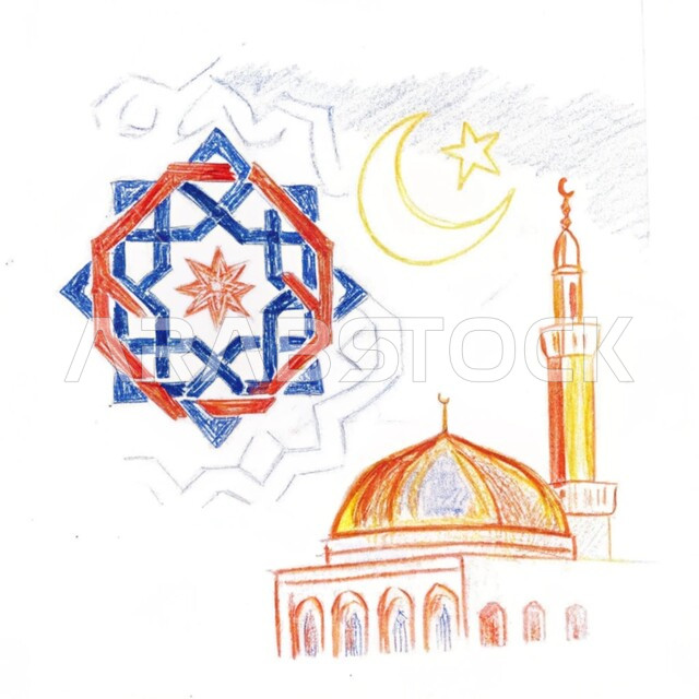 رسومات توضيحية ثلاثية الأبعاد لمسجد إسلامي، الفن الهندسي المعماري للقبب والمآذن على الطراز الحديث، نداء المسلمين لآداء الفرائض والصلوات، العبادة والتقرب إلى الله تعالى، خلفيه بيضاء