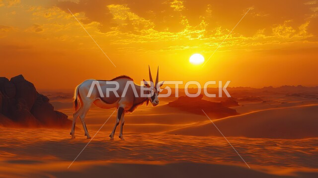 غزال بني اللون يقف على الرمال الذهبية الناعمة وسط الصحراء في وقت غروب الشمس، حيوان المها العربي في أحد المحميات الطبيعية بالمملكة العربية السعودية، مزارع لتربية الحيوانات والماشية