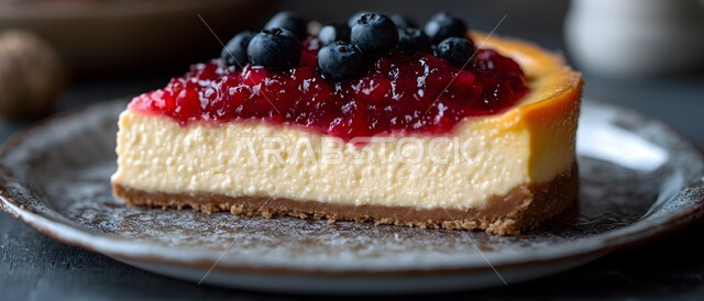 تحلية باردة ولذيذة, صورة مقربة لقطعه شهية من التشيز كيك مع طبقات الكريمه و الجبن مزينة بالتوت البري و الفراولة ، قطع الحلوى الشرقية، أطباق مليئة بالسكريات و السعريات الحرارية العالية, خلفية سوداء