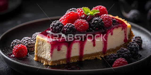 تحلية باردة ولذيذة, صورة مقربة لقطعه شهية من التشيز كيك مع طبقات الكريمه و الجبن مزينة بالتوت البري و الفراولة ، قطع الحلوى الشرقية، أطباق مليئة بالسكريات و السعريات الحرارية العالية, خلفية سوداء