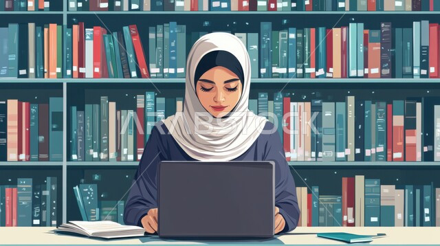إستعارة الكتاب المناسب لإجراء البحوث العلمية، رسم كرتوني ثلاثي الابعاد لطالبة عربية خليجية سعودية تجلس في مكتبة الجامعة تعمل على الحاسب المحمول بإيماءات السرور، استخدام التقنيات الحديثة المتطورة في تنمية الأفكار واكتساب المعلومات، مفهوم العلم والتعلم في الجامعات والكليات