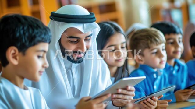 أساليب وإستراتيجيات جديدة في نظام التعليم في المدارس، التعليم المتطور باستخدام شاشات إلكترونيه وتقنيات حديثة، معلم عربي خليجي اماراتي يرتدي الغترة  و الكندورة البيضاء يستخدم جهاز التابليت في الشرح والتوضيح لطلابه، دمج التعليم مع التقنية