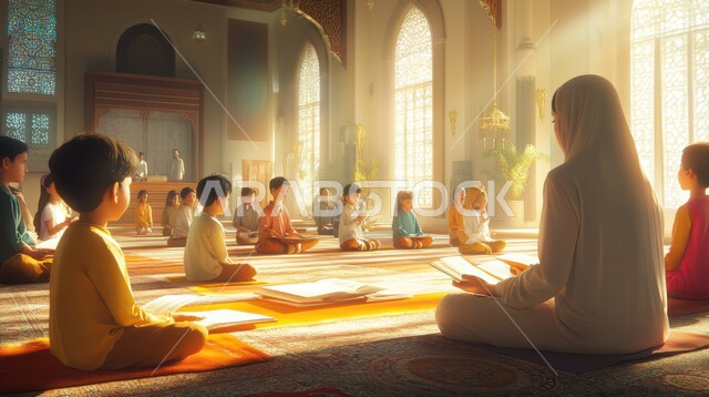 Supplication, humility, diligence in acts of obedience and memorizing the Holy Quran, worship and drawing closer to God, a three-dimensional cartoon of a veiled Saudi Arabian Gulf woman wearing a white abaya sitting in the mosque raising her hands and praying with a group of children, interior decorations of mosques