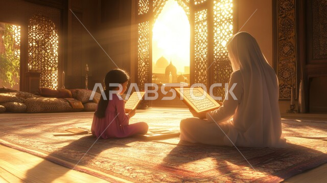 العبادة والتقرب الى الله، التضرع والخشوع والاجتهاد في الطاعات و حفظ القرآن الكريم، رسم كرتوني ثلاثي الابعاد لإمرأة عربية خليجية سعودية محجبة ترتدي العباءة البيضاء تجلس في المسجد ترفع يديها تقوم بقراءة القرآن بجانب فتاة، الديكورات الداخلية للمساجد