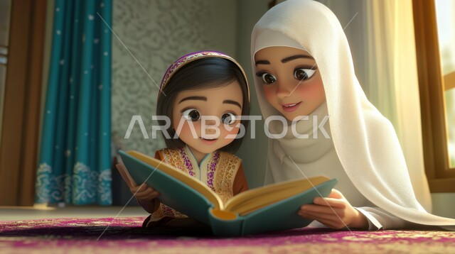 الاجتهاد في العباده والتقرب الى رب العالمين في شهر رمضان المبارك، مفهوم حفظ وتلاوة كتاب الله، رسوم كرتونية ثلاثية الابعاد لام عربية خليجية سعودية محجبة ترتدي العباءة البيضاء تمسك القرآن الكريم بجانب ابنتها، أجواء الروحانية والسكينة