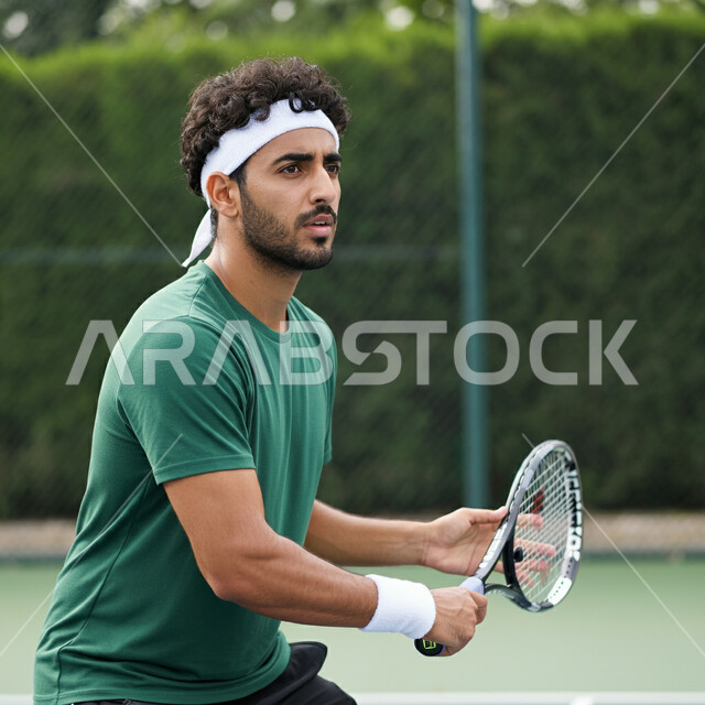 ايماءات تدل على الحماس والاندماج، شاب عربي خليجي سعودي يرتدي الملابس الرياضية يحمل بيده المضرب في الملعب باحتراف وإتقان، ممارسة لعبة كرة التنس، تدريبات وتمرينات رياضة المضرب، رياضات شبابية وأنشطة ترفيهية