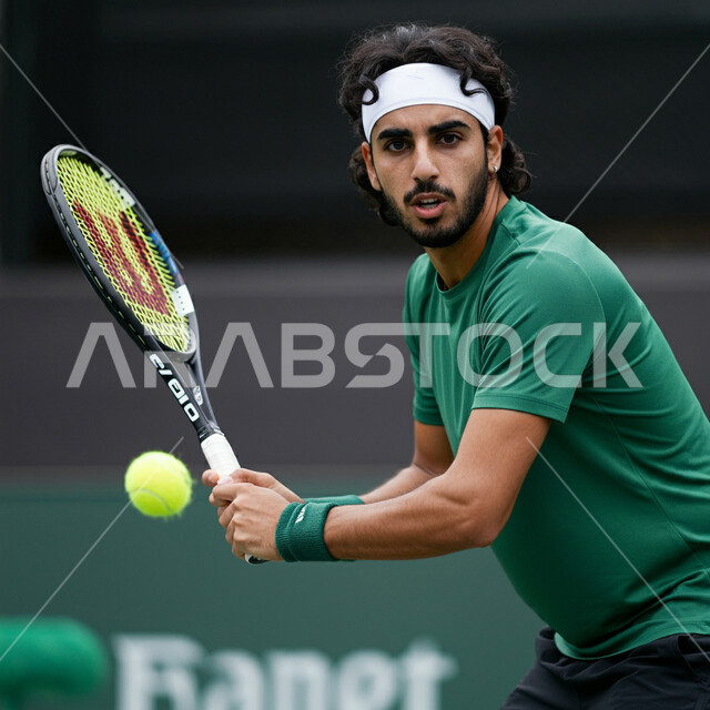  ايماءات تدل على الحماس والاندماج، شاب عربي خليجي سعودي يرتدي الملابس الرياضية يحمل بيده المضرب في الملعب باحتراف وإتقان، ممارسة لعبة كرة التنس، تدريبات وتمرينات رياضة المضرب، رياضات شبابية وأنشطة ترفيهية