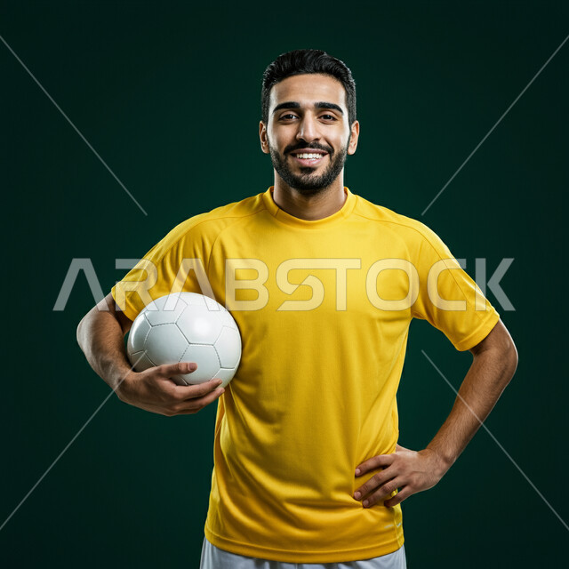 التحضير والتدريب و التجهز لبدء المباراة، رياضات شبابية وأنشطة ترفيهية، بورتريه مقرب للاعب عربي خليجي سعودي مبتسم يرتدي الزي الرياضي يحمل بيده كرة القدم ينظر الى الكاميرا بتعابير السرور والسعادة، خلفية خضراء