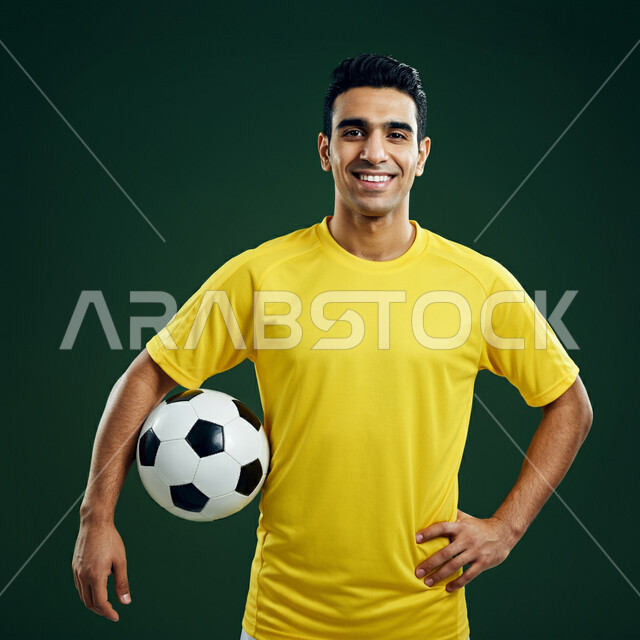 التحضير والتدريب و التجهز لبدء المباراة، رياضات شبابية وأنشطة ترفيهية، بورتريه مقرب للاعب عربي خليجي سعودي مبتسم يرتدي الزي الرياضي يحمل بيده كرة القدم ينظر الى الكاميرا بتعابير السرور والسعادة، خلفية خضراء