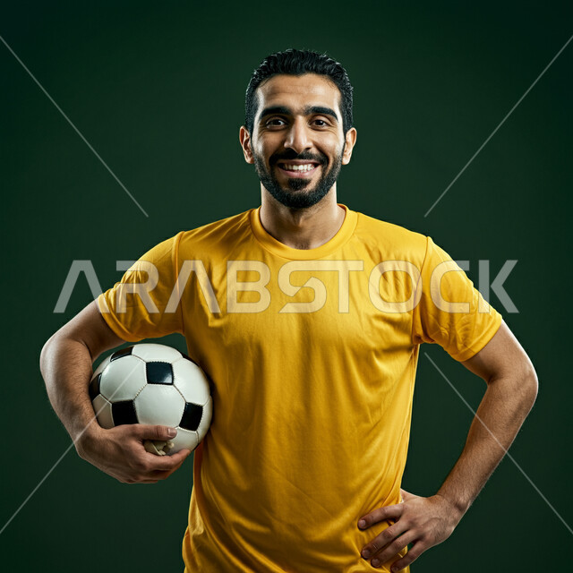 التحضير والتدريب و التجهز لبدء المباراة، رياضات شبابية وأنشطة ترفيهية، بورتريه مقرب للاعب عربي خليجي سعودي مبتسم يرتدي الزي الرياضي يحمل بيده كرة القدم ينظر الى الكاميرا بتعابير السرور والسعادة، خلفية خضراء