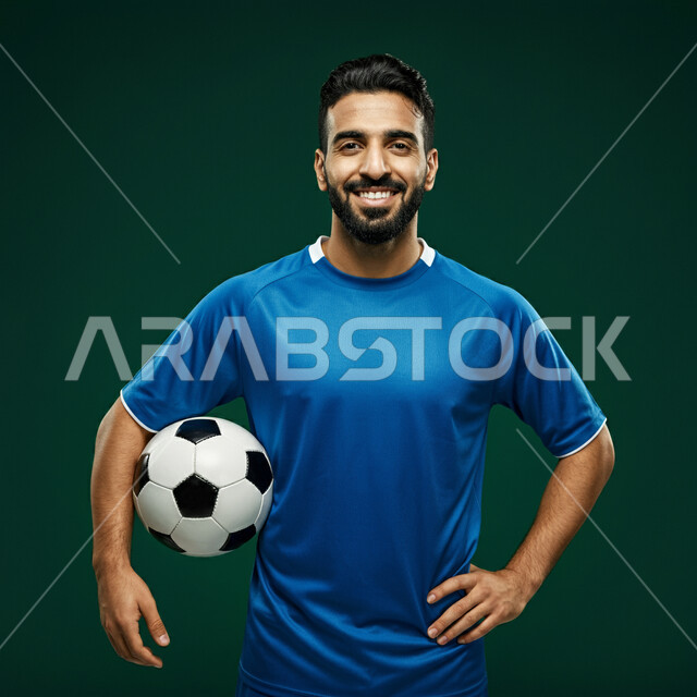 التدريب و التجهز والتحضير لبدء المباراة، رياضات شبابية وأنشطة ترفيهية، بورتريه مقرب للاعب عربي خليجي سعودي مبتسم يرتدي الزي الرياضي يحمل بيده كرة القدم ينظر الى الكاميرا بتعابير السرور والسعادة، خلفية خضراء