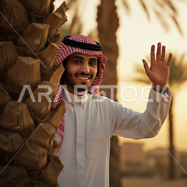 قضاء أوقات ممتعة في الحدائق الخضراء, جولة في الهواء الطلق, صورة مقربة لرجل عربي خليجي سعودي مبتسم يرتدي الشماغ والثوب التقليدي يقف يرفع كف يده لأعلى بتعابير الترحيب ولفت انتباه احد ما، النظر الى الكاميرا بايماءات السرور والسعادة