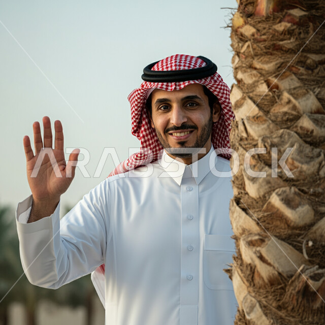 قضاء أوقات ممتعة في الحدائق الخضراء, جولة في الهواء الطلق, صورة مقربة لرجل عربي خليجي سعودي مبتسم يرتدي الشماغ والثوب التقليدي يقف يرفع كف يده لأعلى بتعابير الترحيب ولفت انتباه احد ما، النظر الى الكاميرا بايماءات السرور والسعادة