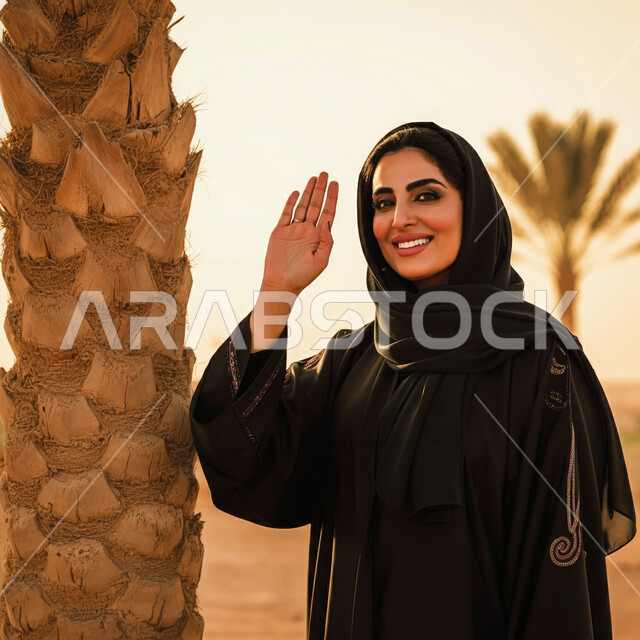 التجول في إحدى الحدائق العامة، قضاء أوقات ممتعة، نزهه في الهواء الطلق في حدائق ومنتزهات المملكة العربية السعودية، صورة مقربة لامرأة عربية خليجية سعودية مبتسمة ترتدي الحجاب والعباءة السوداء ترفع كف يدها للترحيب ولفت انتباه احد ما بتعابير السرور والسعادة