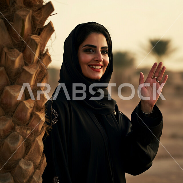 Walking in a public park, having a good time, having an outdoor picnic in the parks and gardens of the Kingdom of Saudi Arabia, a close-up of a smiling Saudi Arabian Gulf woman wearing a hijab and a black abaya raising her hand to welcome and attract someone's attention with expressions of pleasure and happiness