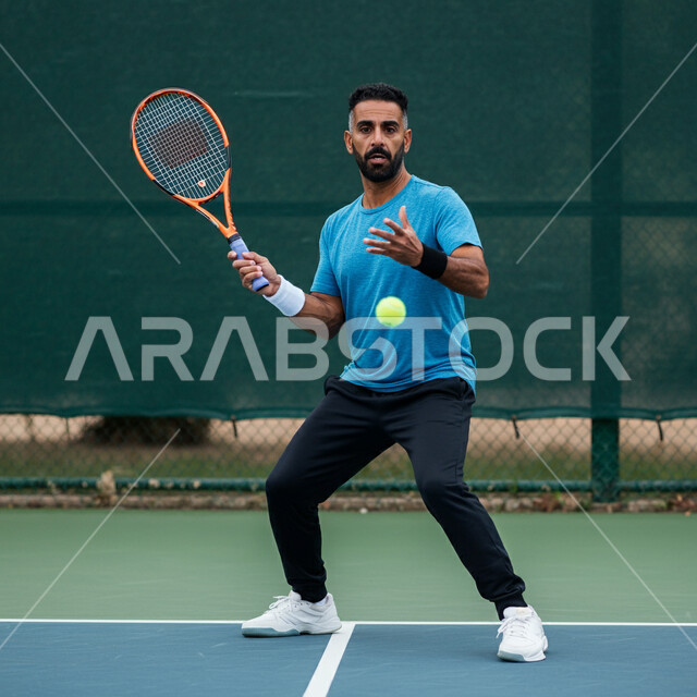 تعابير وايماءات تدل على الحماس والاندماج، شاب عربي خليجي سعودي يرتدي الملابس الرياضية يحمل بيده المضرب في الملعب باحتراف وإتقان، ممارسة لعبة كرة التنس، تدريبات وتمرينات رياضة المضرب، رياضات شبابية وأنشطة ترفيهية