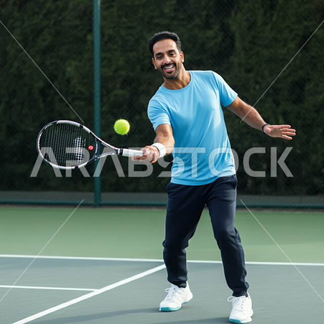 تعابير وايماءات تدل على الحماس والاندماج، شاب عربي خليجي سعودي يرتدي الملابس الرياضية يحمل بيده المضرب في الملعب باحتراف وإتقان، ممارسة لعبة كرة التنس، تدريبات وتمرينات رياضة المضرب، رياضات شبابية وأنشطة ترفيهية