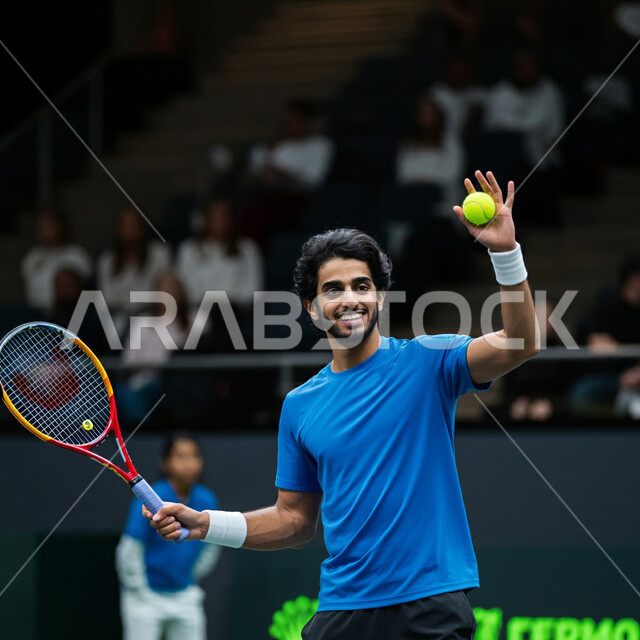 تعابير وايماءات تدل على الحماس والاندماج، شاب عربي خليجي سعودي يرتدي الملابس الرياضية يحمل بيده المضرب في الملعب باحتراف وإتقان، ممارسة لعبة كرة التنس، تدريبات وتمرينات رياضة المضرب، رياضات شبابية وأنشطة ترفيهية