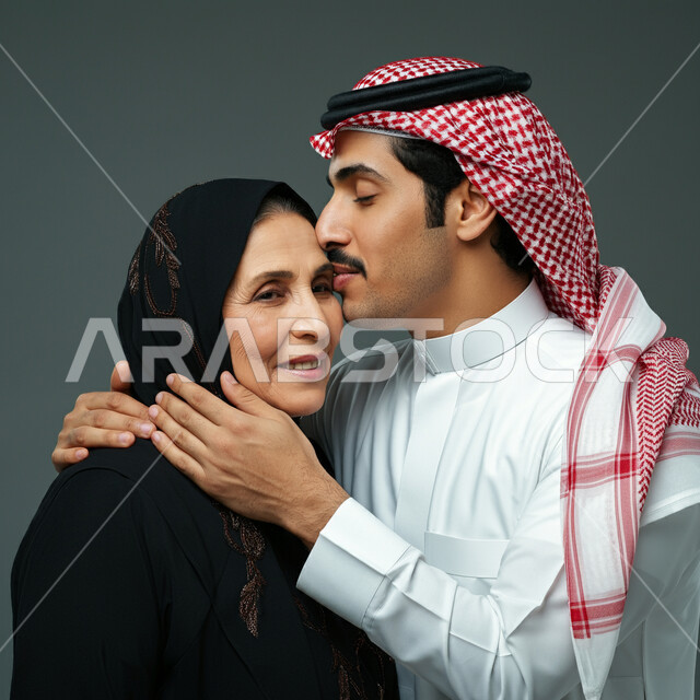 الترابط والتماسك في الأسر السعودية، التربية الصالحة للأبناء، الاحترام والتقدير للأم ورد الجميل لها، بورتريه مقرب لشاب عربي خليجي سعودي يرتدي الشماغ والثوب التقليدي يقوم بتقبيل رأس والدته، خلفيه رمادية 