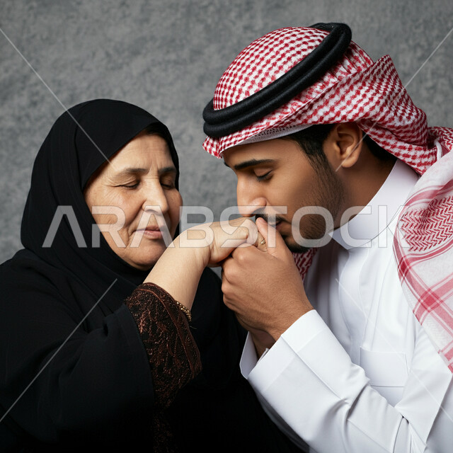 الاحترام والتقدير للأم ورد الجميل لها، الترابط والتماسك في الأسر السعودية، التربية الصالحة للأبناء، بورتريه مقرب لشاب عربي خليجي سعودي يرتدي الشماغ والثوب التقليدي يقوم بتقبيل يده والدته، خلفيه رمادية 