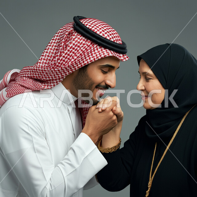 الاحترام والتقدير للأم ورد الجميل لها، الترابط والتماسك في الأسر السعودية، التربية الصالحة للأبناء، بورتريه مقرب لشاب عربي خليجي سعودي يرتدي الشماغ والثوب التقليدي يقوم بتقبيل يده والدته، خلفيه رمادية 