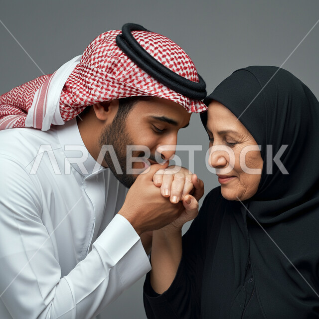 Respect and appreciation for the mother and returning the favor to her, cohesion and solidarity in Saudi families, proper upbringing of children, close-up portrait of a young Saudi Arabian Gulf man wearing a traditional shemagh and thobe kissing his mother's hand, gray background