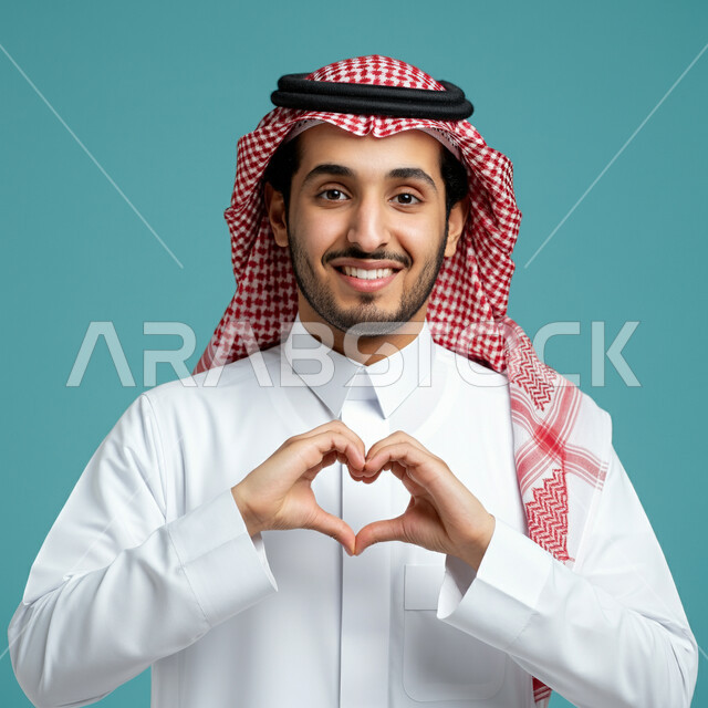 إظهار مشاعر الحب و الشغف، مفهوم المحبة و المودة, النظر إلى الكاميرا بإيماءات السعادة و السرور, بورتريه لشاب عربي خليجي سعودي يرتدي الثوب التقليدي والشماغ يشكل بيديه شكل قلب, خلفية زرقاء