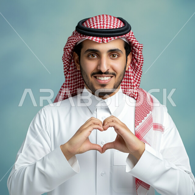 إظهار مشاعر الحب و الشغف، مفهوم المحبة و المودة, النظر إلى الكاميرا بإيماءات السعادة و السرور, بورتريه لشاب عربي خليجي سعودي يرتدي الثوب التقليدي والشماغ يشكل بيديه شكل قلب, خلفية زرقاء